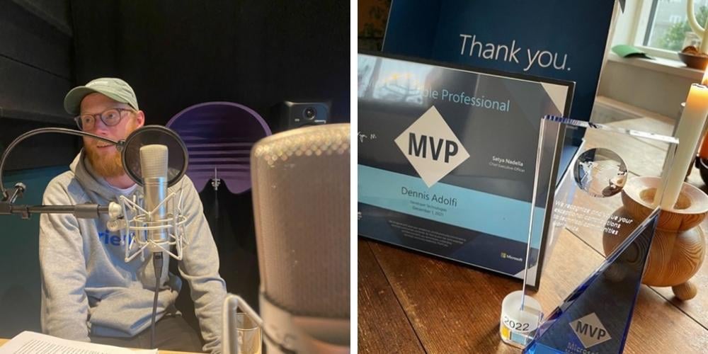 Till vänster: Gäst på Tech podcast Digitalterapi. Till höger: Microsoft MVP Award kit.